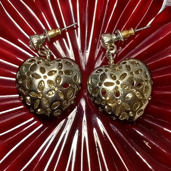 Vintage Puffed Hearts Rinestones Earrings - Picture 5 of 7